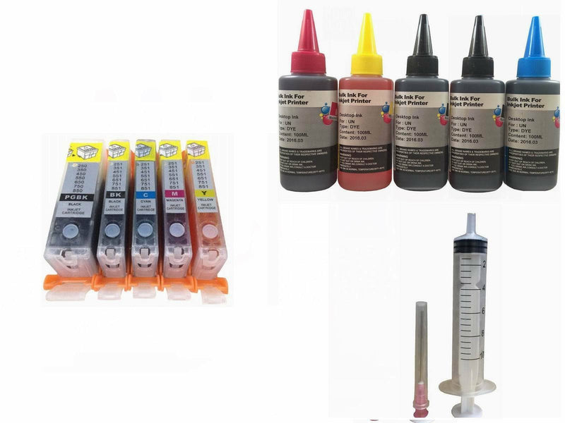 5 Pre-filled Refillable ink cartridge for Canon 250 PGI-250 CLI-251 251XL + ink