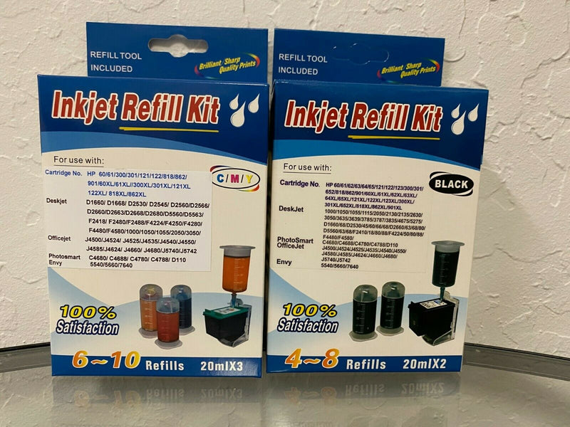 Combo Black & Tri-Color Ink Cartridge Refill Box Kit for HP 62 63 64 65 65XL