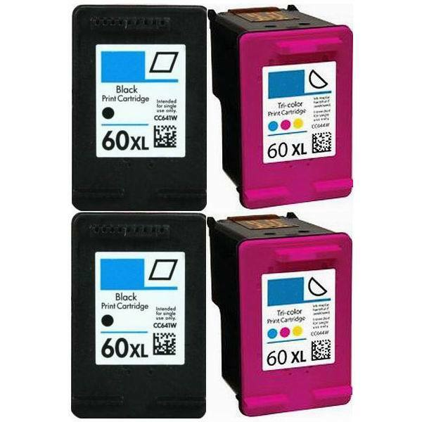 4 Pack Compatible 60XL Black+Tri-Color Ink Cartridge for HP Deskjet D1660 F2480