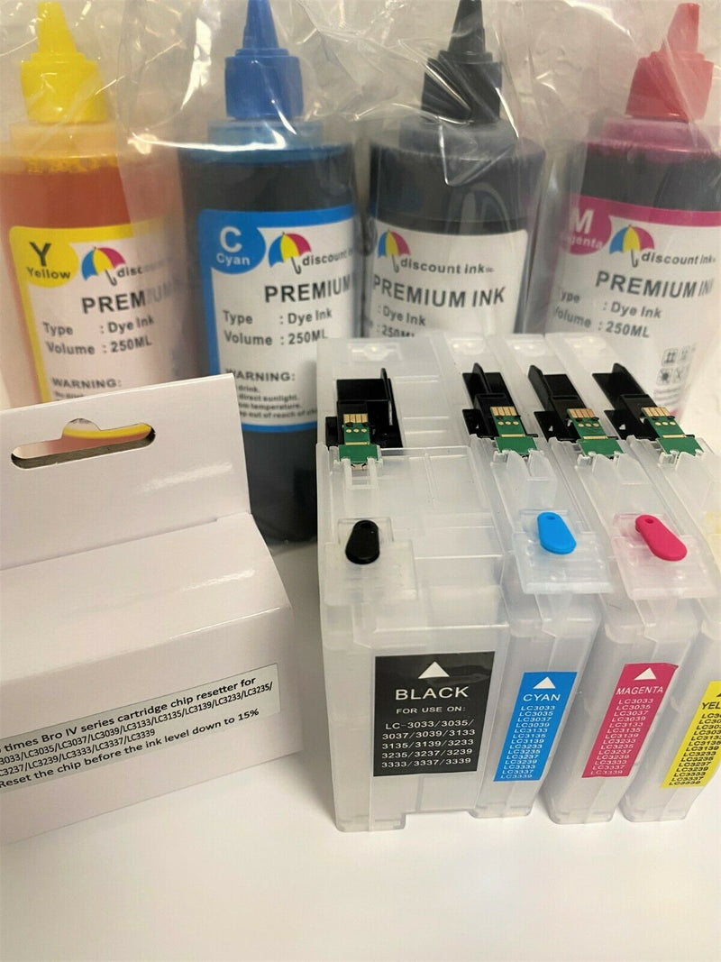 Empty Refillable Cartridges for Brother LC3033 LC3035 plus Refill Ink Chip reset