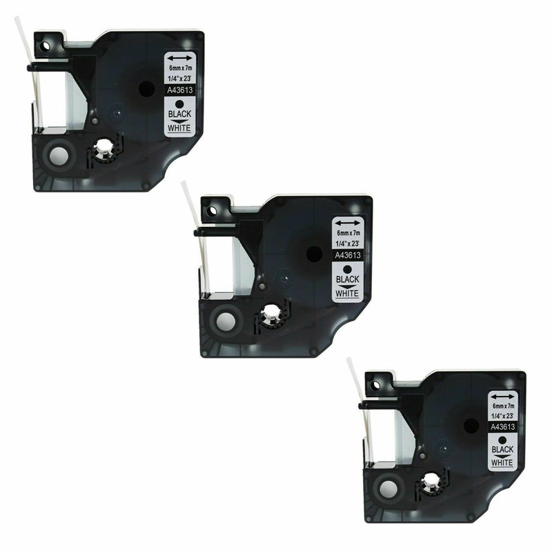 3PK 43613 Black on White Label Tape Cassette For Dymo D1 Labelmanager 450 1/4"